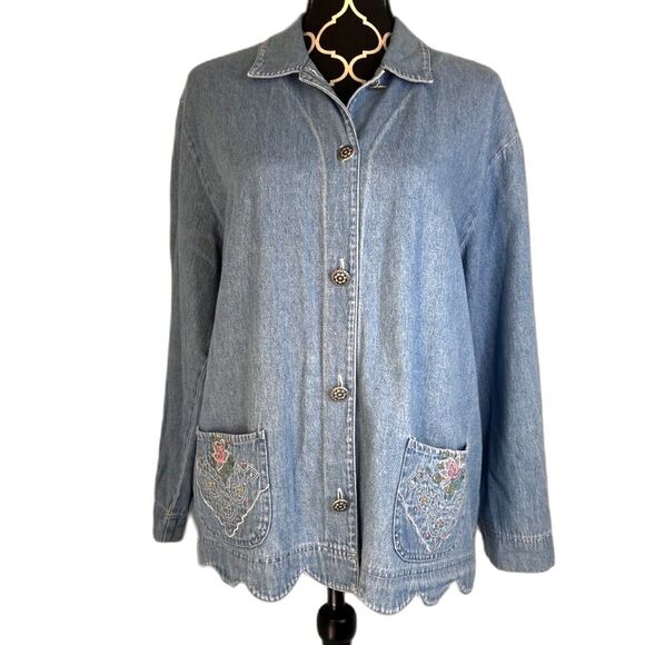 Vintage Southwestern Button Down Denim Blue Shirt Embroidered Pockets Sz LG/XL - Picture 1 of 9